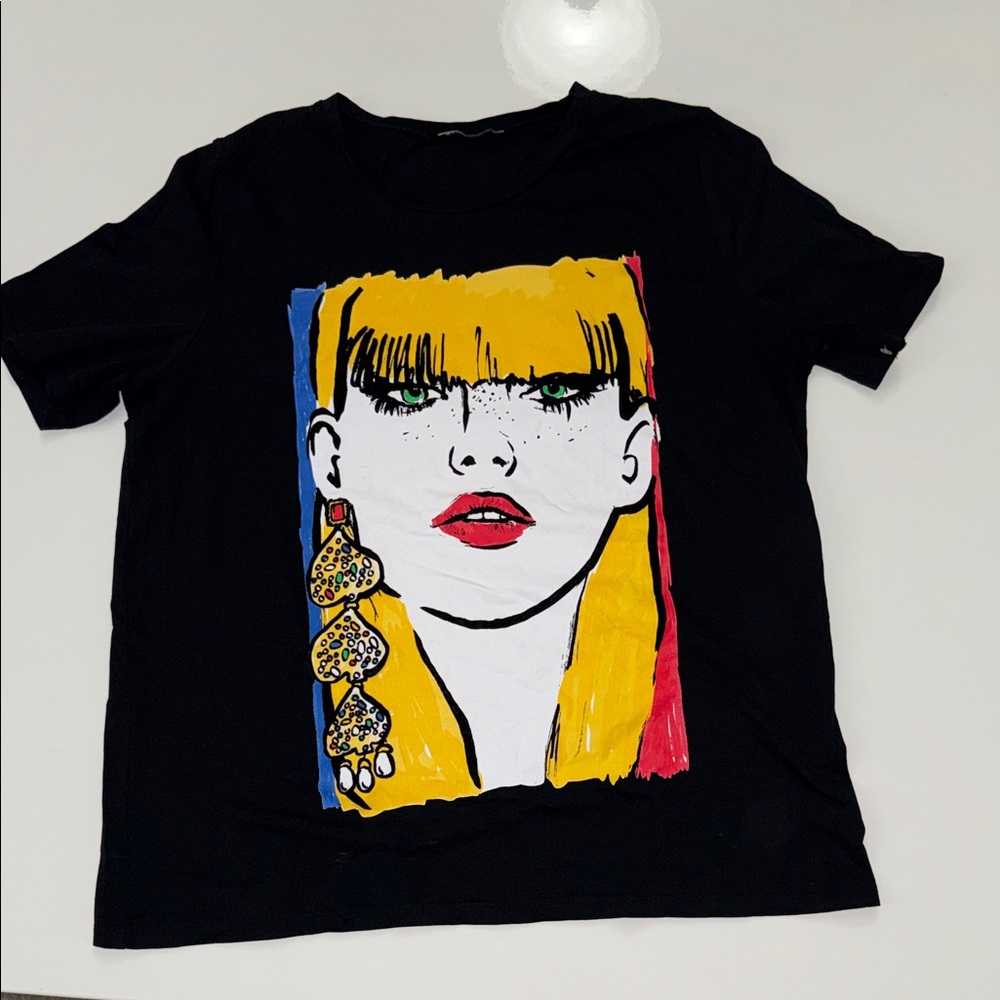 Zara Women's Graphic Tee Black Top Print Tshirt Size XL